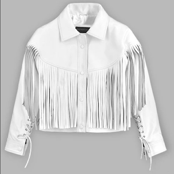 Fringe White Leather Jacket, XS - Picture 3 of 4